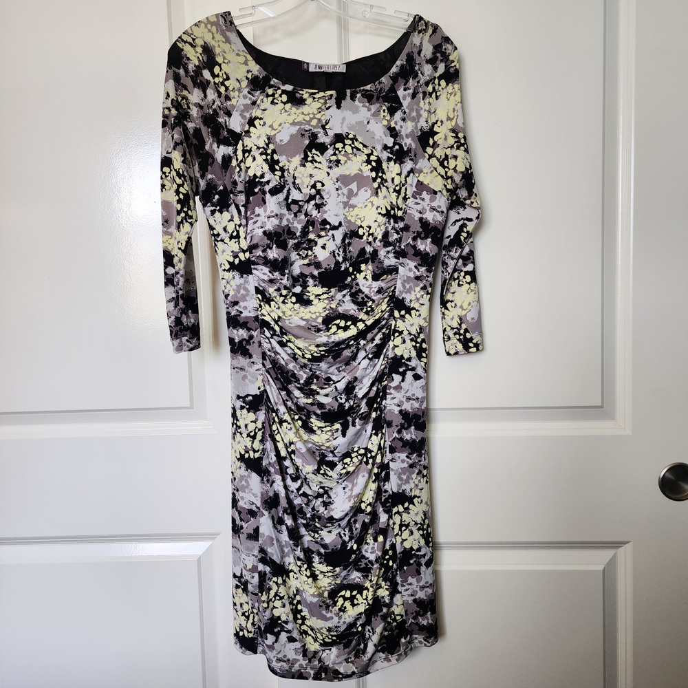 Jennifer Lopez Black and Cream Abstract Long Sleeve Dress